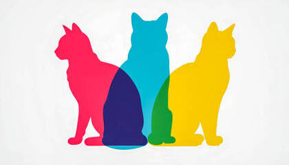 Three multicolored cat silhouettes overlapping each other on a white background, each facing a different direction