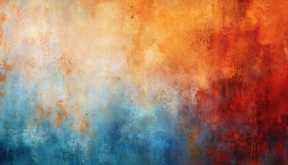 Fototapeta premium Abstract illustration features vibrant gradient of orange, red, blue colors creating grunge textured background. Aged, stained wall surface with rust patterns, rough canvas effect adds unique