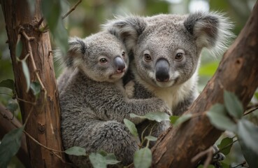 Obraz premium Mother and baby koalas nestled in a eucalyptus tree branch. Adorable marsupials with furry grey coats. Closeup of cute koala family bonding in natural habitat, showing parental love and protection.