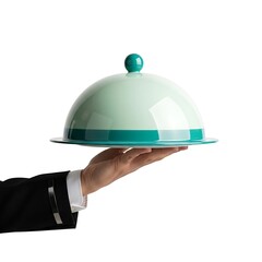 Fototapeta premium Hand holding a covered serving dish on a white background