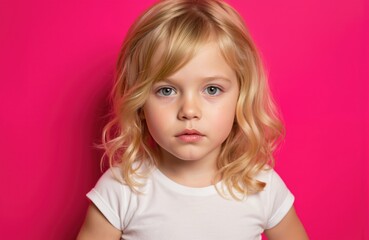 Naklejka premium Blond preteen girl with wavy hair wears white t-shirt, looking straight ahead with amazed expression against vibrant pink background. Focus on youthful features, casual style, innocent gaze conveying