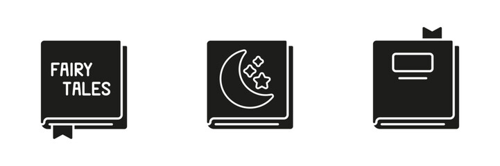 Fairy Tale And Storybook Solid Icon Set. Fantasy Literature, Nighttime Reading, And Bookmark Silhouette Symbol Collection. Imaginative Storytelling And Book Design. Isolated Vector Illustration