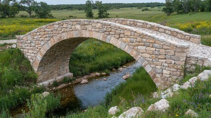 Fototapeta premium Bridge arch geometry traditional stone bridge rural setting wildflower meadows water crossing authentic weathering historic masonry construction