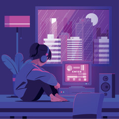 Chill Vibes in a Purple Lofi Retro Room Flat Illustration