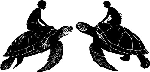 Silhouettes of People Riding Sea Turtles - Fantasy Marine Adventure