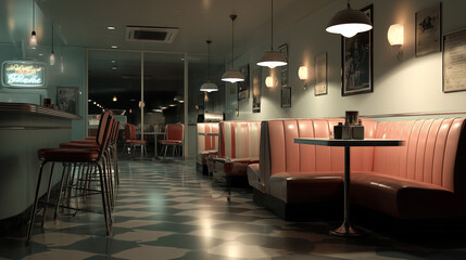Vintage diner at night captures nostalgic atmosphere with retro decor and cozy seating arrangement