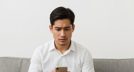 A man holding  phone with confused and worried expression