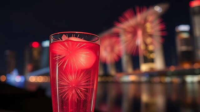 Vibrant fireworks reflected in a chilled Bandung drink, celebrating Singapore National Day with festive lights.