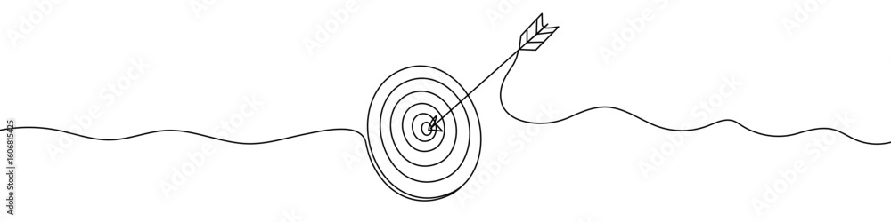 Poster target with arrow in center in one line art style. target drawing with editable black stroke on whit