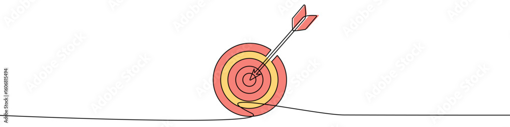 Poster target with red and yellow circles and arrow in center in one line art style. target drawing with ed