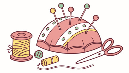 Colorful sewing supplies featuring a pin cushion, thread, scissors, and buttons.