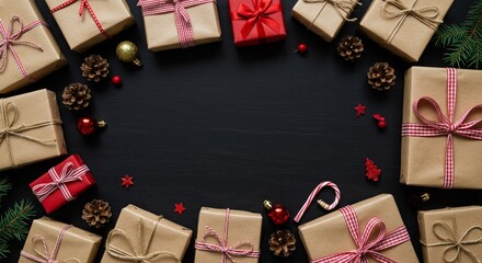 Christmas and New Year festive background with holiday gifts on a black backdrop, top view greeting card.
