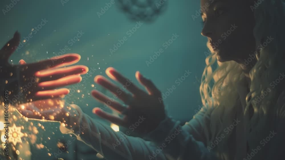 Poster hands connect in an ethereal glow during a creative expression session at a studio in the evening