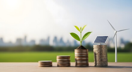 Growing Investments in Green Energy Coins, Plant, Solar Panel, and Wind Turbine Illustrate Sustainable Financial Development and Environmental Progress.