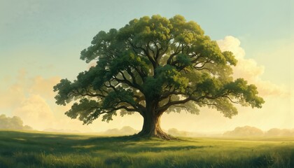 Obraz premium Majestic ancient oak tree stands solitary in verdant meadow. Sunrise illuminates tranquil landscape with soft golden light. Peaceful scene captures dawn serene beauty and nature quiet majesty.