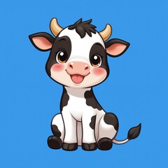 Fototapeta premium Cute cartoon cow character sitting with tongue out. Adorable black and white bovine animal illustration on simple blue background. Playful, happy, cheerful, friendly mascot. Visual graphic art.