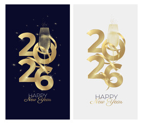2026 new year greeting cards with glass of champagne. Black and white background and gold colors. Elegant New Year's Eve Banner. Vector