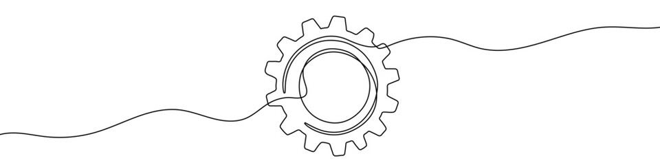 Naklejka na ściany i meble Gear in one line art style. Gear drawing with editable black stroke on white background. Vector illustration.