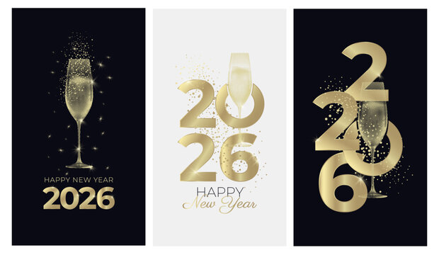 2026 new year greeting cards with glass of champagne. Black and white background and gold colors. Elegant New Year's Eve Banner. Vector