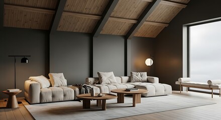 Modern living room interior with modular sofa wood ceiling and round coffee tables