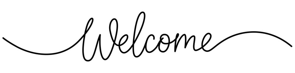 "Welcome" lettering in one line art style. Word drawing with editable black stroke on white background. Vector illustration.