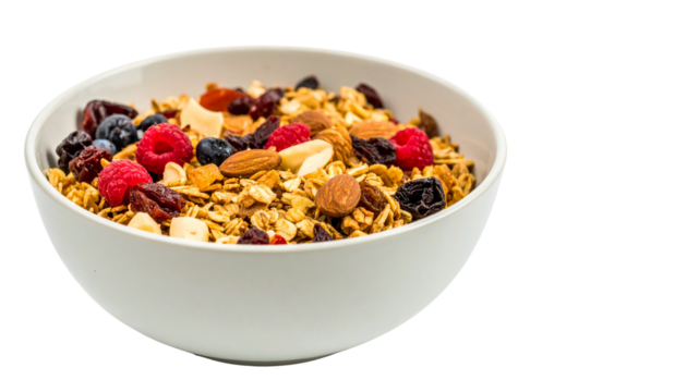 muesli in a white bowl isolated