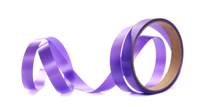 Violet paper ribbon twisted with cardboard roll isolated on white background and texture