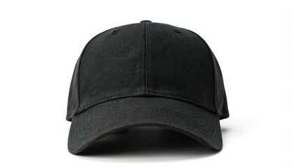 Plain black baseball cap presented on white background. Headwear isolated, simple, versatile design suitable for fashion sports. Cap offers protection from sun, elements, made from durable textile
