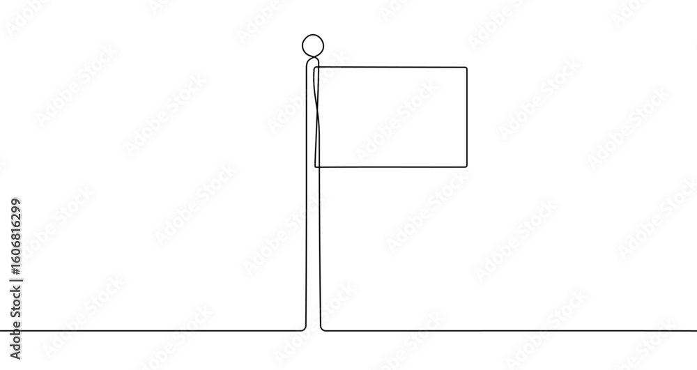 Poster flag on flagpole in one line art style. flag drawing with editable black stroke on white background.