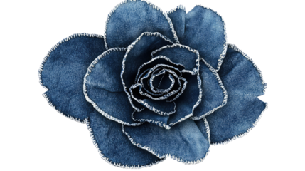 Denim texture flower shape with stitched seams and frayed fabric edges isolated on white background