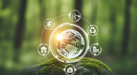 Vision for a sustainable future. A glowing crystal Earth with a digital interface of green energy icons for environmental conservation.