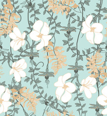 Soft aqua seamless floral pattern featuring elegant white and beige flowers with flowing leafy vines and dark green accents, perfect for spring and summer fashion, kidswear, resort wear, home textiles
