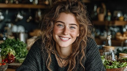 Photo of smiling woman eating healthy salad while sitting on kitchen table