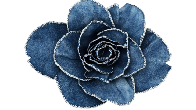 Denim texture flower shape with stitched seams and frayed fabric edges isolated on white background
