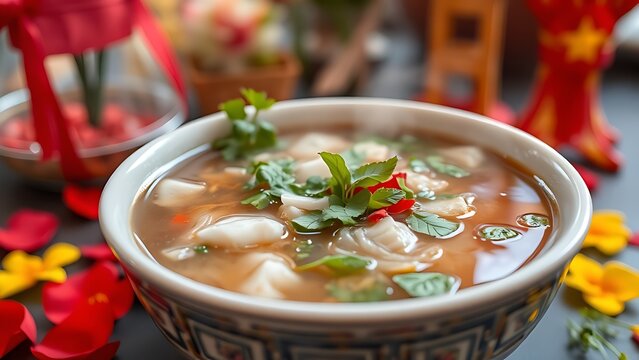 Vietnam National Day flag on silk cushion with bamboo leaves and lanterns