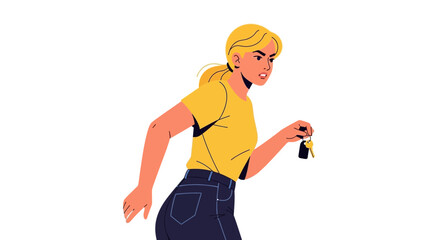 woman hurrying with keys, isolated illustration