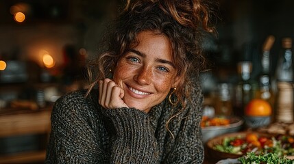 Photo of smiling woman eating healthy salad while sitting on kitchen table