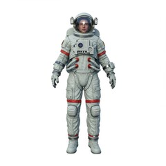 Female Astronaut in Space Suit Standing on a White Background