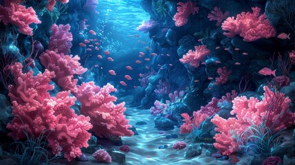 Coral reef scene with sunlight streaming down, abundant pink coral, and schooling fish