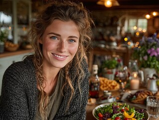 Photo of smiling woman eating healthy salad while sitting on kitchen table