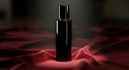 Black Perfume Bottle on Velvet red Cloth 3D mockup