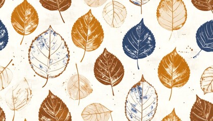 Obraz premium Autumnal Birch Leaf Pattern with Blue Accents on Textured White Background