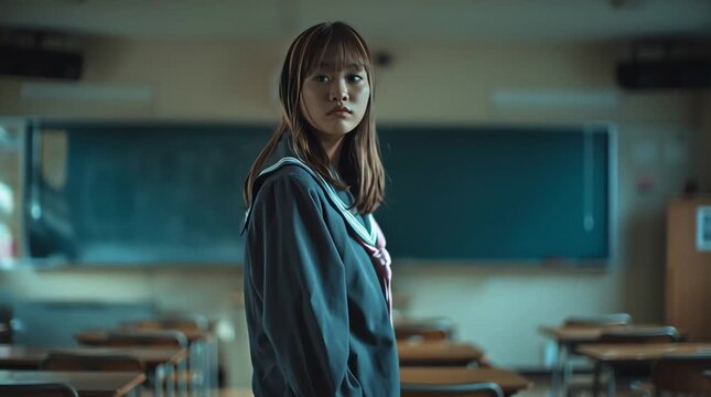 教室の黒板の前に立つ日本の女子高生の後ろ姿：学問的で思慮深い学校の瞬間｜女子高生,教室,黒板,学校,後ろ姿

