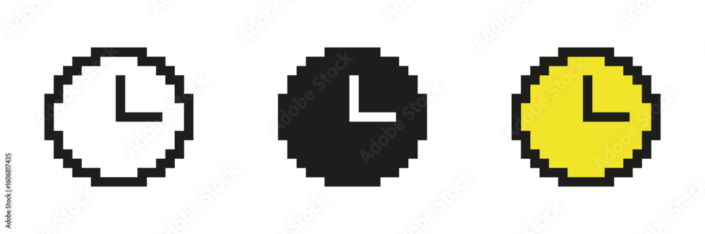 Poster pixel art clock with hour and minute hands icon set. pixelated clock symbol of time. isolated vector