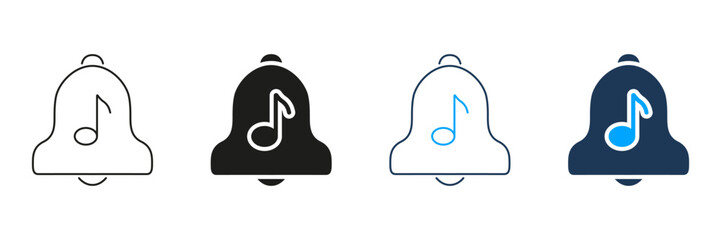 Bell With Musical Note Line And Solid Icon Set. Notification Sound, Alert Tone, And Ringtone Symbol Collection. Audio Reminder And Music Alert Concept. Isolated Vector Illustration