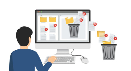 man deleting files from computer, isolated illustration