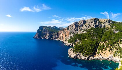 Fototapeta premium Coastal panorama of dramatic cliffs and lush vegetation