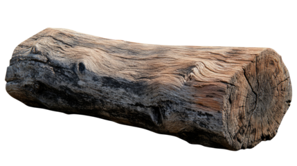 Natural weathered driftwood log with textured surface and organic shape isolated on white background