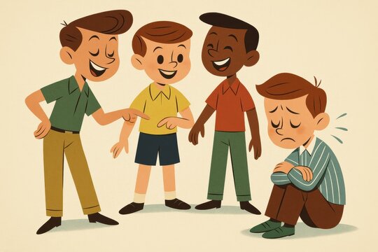 Children interacting, with one boy feeling sad while others laugh in a playful yet sensitive moment of childhood camaraderie. Use for themes about teasing and bullying.