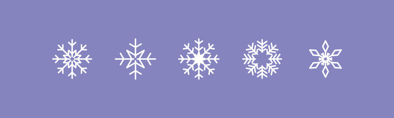 Five different white outline snowflakes arranged horizontally on a solid light purple background